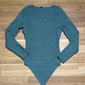 Abercrombie & Fitch Ribbed Long Sleeve Square Neck Bodysuit - Teal